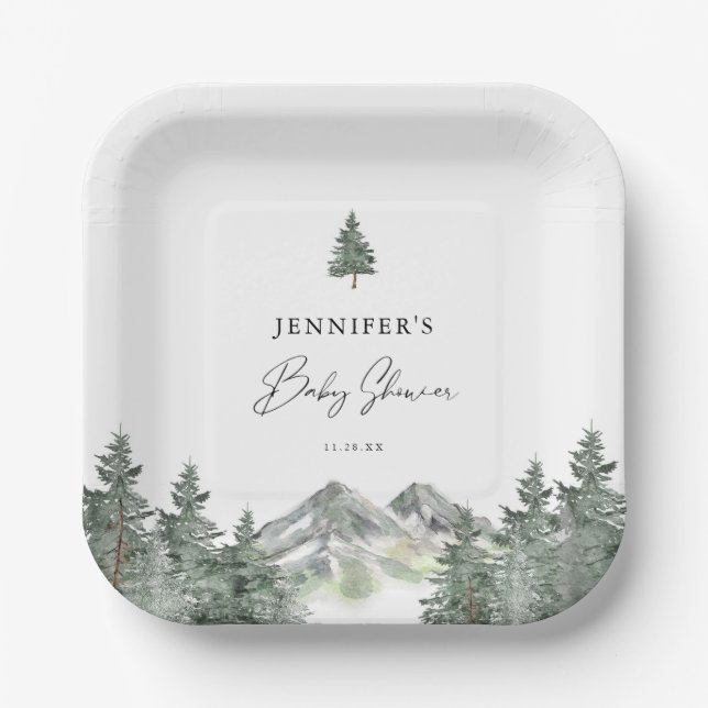 Winter Mountain Forest Baby Shower Paper Plate (Front)
