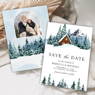Winter Mountain Forest Cabin Lodge Photo Wedding Save The Date