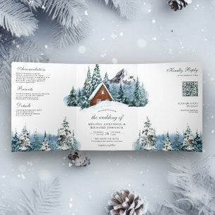 Winter Mountain Forest Cabin Lodge QR Code Wedding Tri-Fold Invitation