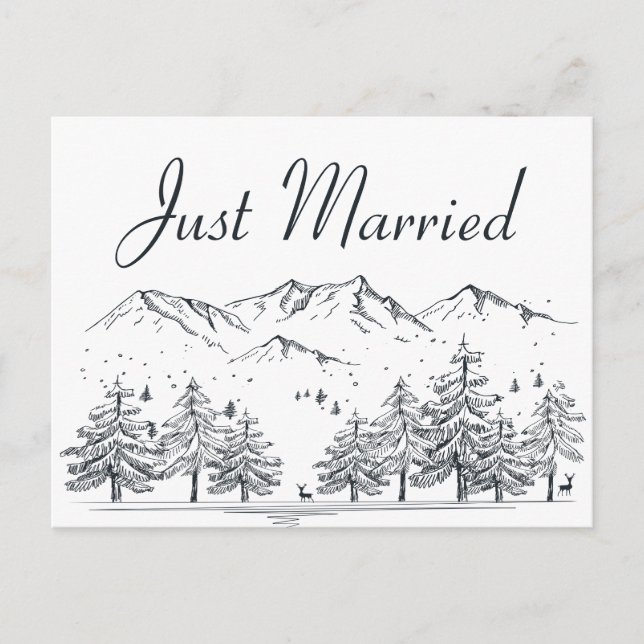 Winter Mountain Just Married Wedding Trees Nature Announcement Postcard (Front)