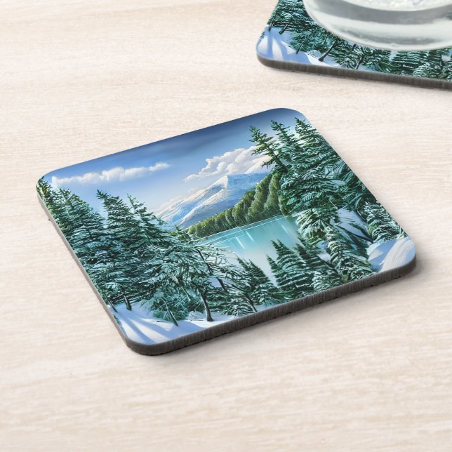  Winter Mountain Lake Pine Trees Nature Coaster (Left Side)