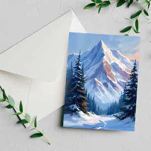 Winter Mountain Landscape Watercolor Painting Card