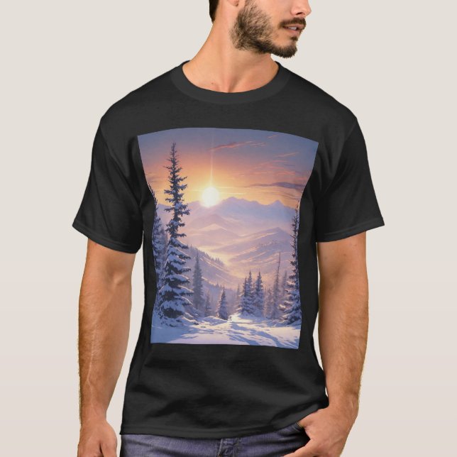 Winter mountain landscape with fir trees and sun T-Shirt (Front)