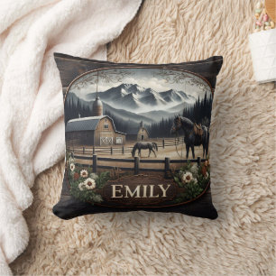 Winter Mountain Landscape With Horses and Barn Cushion