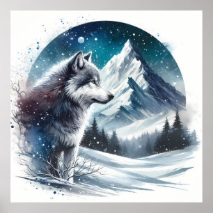 Winter Mountain Landscape with Wolf Poster
