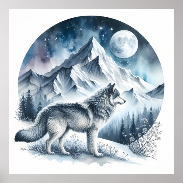 Winter Mountain Landscape with Wolf Poster (Front)