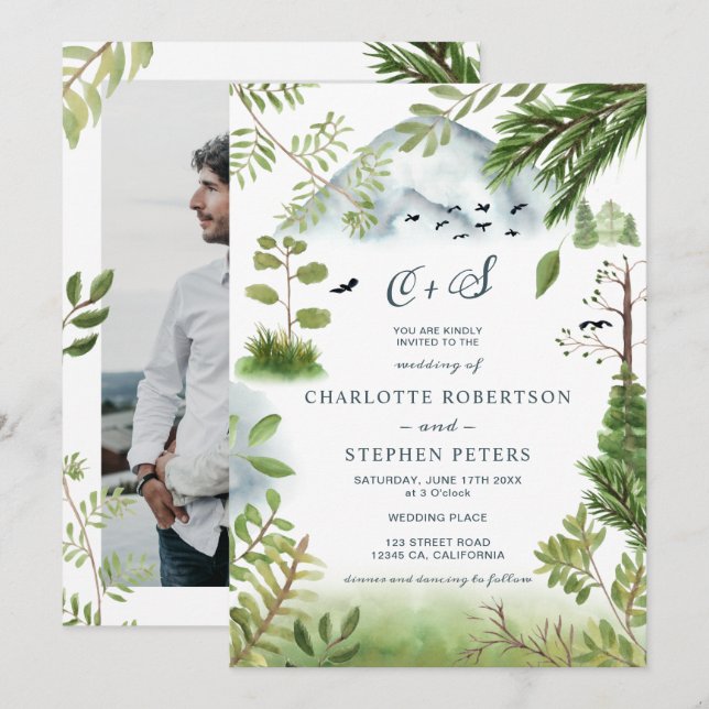 Winter mountain pine tree initials photo wedding invitation (Front/Back)