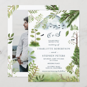 Winter mountain pine tree initials photo wedding invitation
