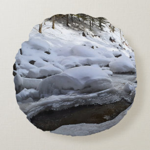 Winter Mountain River – Wild Nature Romania Round Cushion