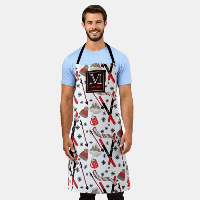 WInter Mountain Ski Trip Theme Pattern Monogram Apron (Worn)