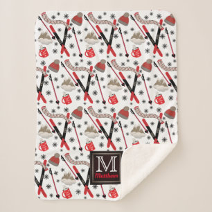 WInter Mountain Ski Trip Theme Pattern Monogram Sh Sherpa Blanket