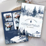 Winter Mountain Snowy Village Photo Blue Christmas Holiday Card<br><div class="desc">Elegant Christmas card featuring beautiful cabins and pine trees. Simply add your text on this easy-to-use template and adorn this card with your favourite photos to make it a one-of-a-kind holiday card.</div>