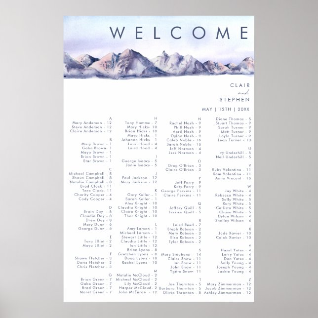 Winter Mountain Sunset Alphabetical Seating Chart (Front)