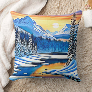 Winter Mountain Sunset Glow Cushion