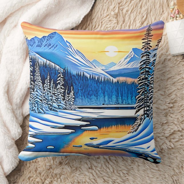 Winter Mountain Sunset Glow Cushion (Blanket)