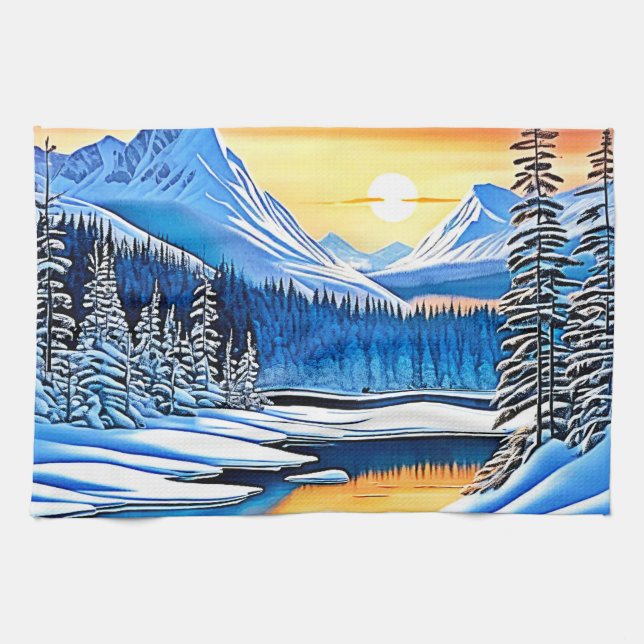 Winter Mountain Sunset Glow Tea Towel (Horizontal)