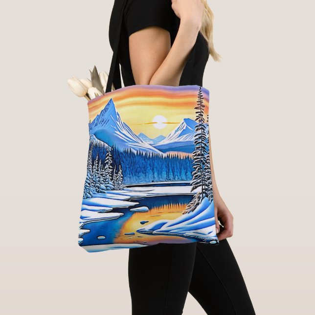 Winter Mountain Sunset Glow Tote Bag (Close Up)
