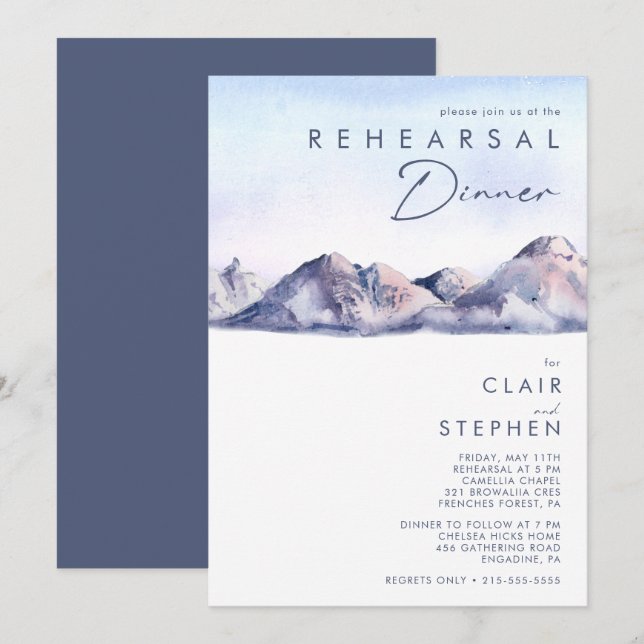 Winter Mountain Sunset Rehearsal Dinner Invitation (Front/Back)