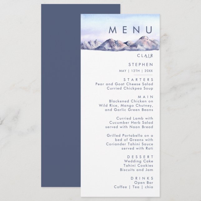 Winter Mountain Sunset Wedding Dinner Menu (Front/Back)