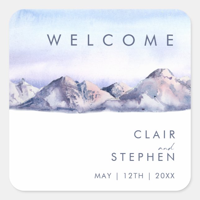 Winter Mountain Sunset Wedding Welcome Square Sticker (Front)