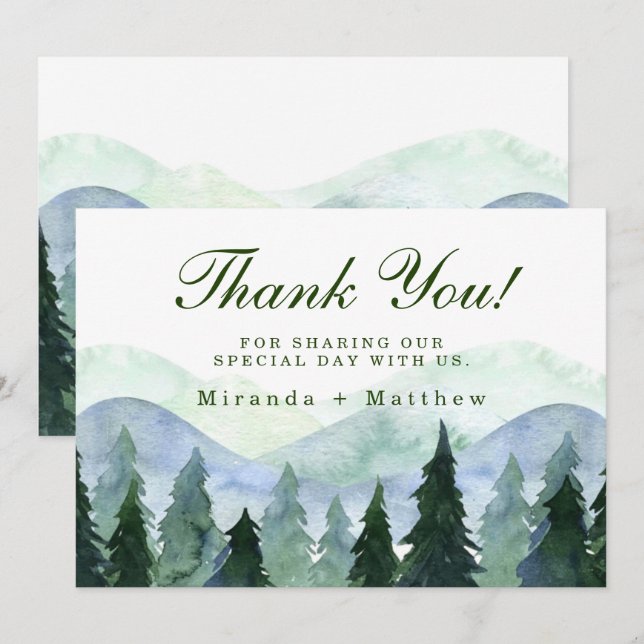 Winter Mountain Tree Scene Wedding Thank You Cards (Front/Back)