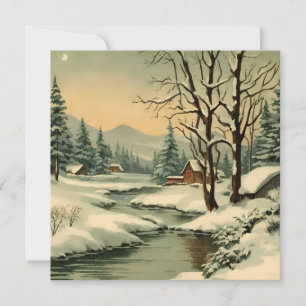 Winter Mountain Village by the Creek  Holiday Card