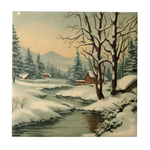 Winter Mountain Village by the Creek  Tile