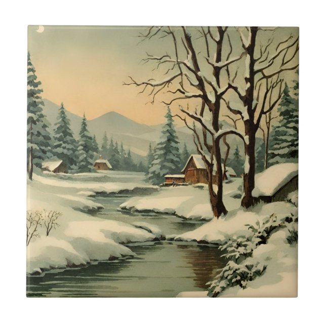 Winter Mountain Village by the Creek  Tile (Front)