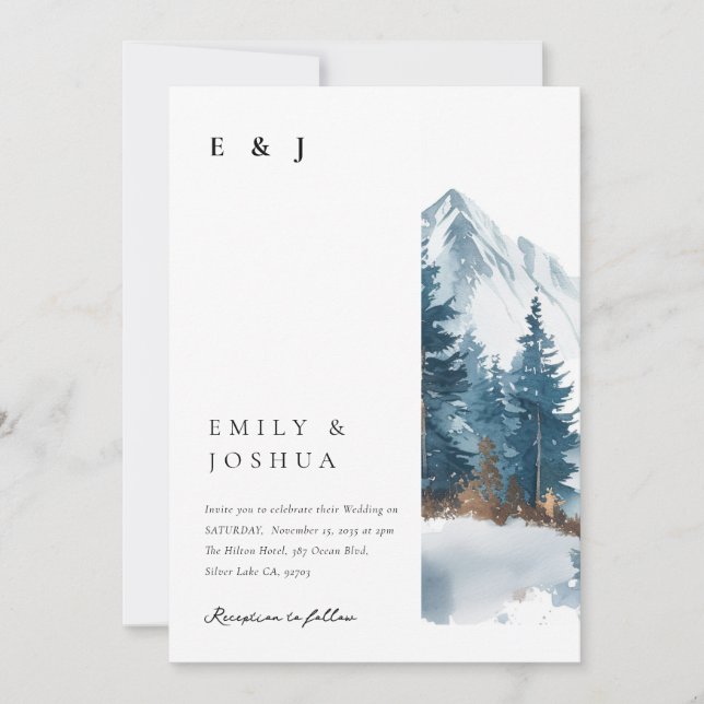 Winter Mountains Pine Tree All in One Wedding Invitation (Front)