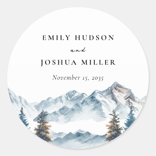 Winter Mountains Pine Tree Wedding Classic Round Sticker (Front)