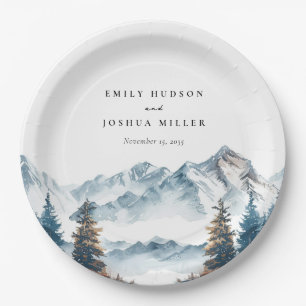 Winter Mountains Pine Tree Wedding Paper Plate