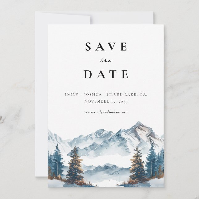 Winter Mountains Pine Tree Wedding Save The Date (Front)