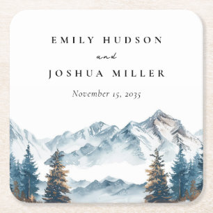Winter Mountains Pine Tree Wedding Square Paper Coaster