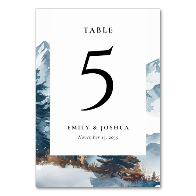Winter Mountains Pine Tree Wedding Table Card (Front)