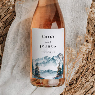 Winter Mountains Pine Tree Wedding Wine Label