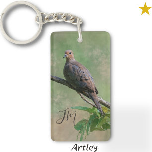 Winter Mourning Dove Bird Painting Initials Key Ring