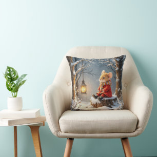 Winter Mouse and Forest Lantern In Snowflakes Cushion