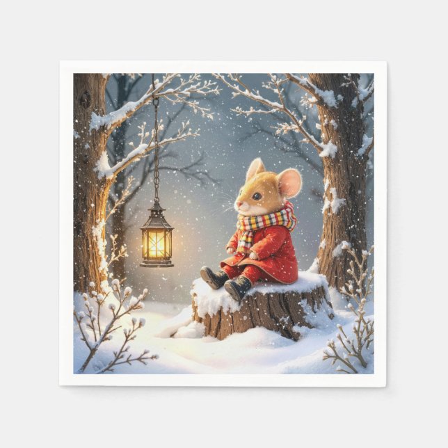 Winter Mouse and Forest Lantern In Snowflakes Napkin (Front)