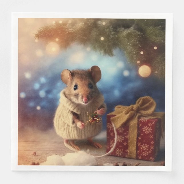 Winter Mouse decorating the Christmas Tree Napkins (Front)