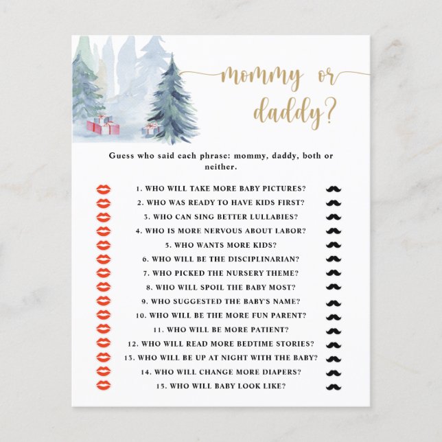 Winter mummy or daddy baby shower game (Front)