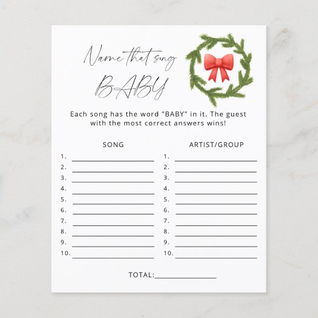 Winter Name that song baby shower game (Front)
