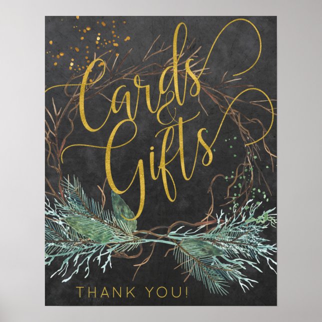 Winter nature gold script cards and wedding sign (Front)