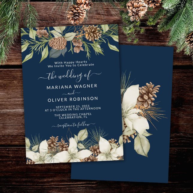 Winter Navy Blue Elegant Script Wedding Invitation (Creator Uploaded)