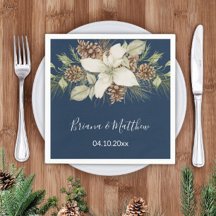 Winter Navy Blue Elegant Script Wedding Napkin