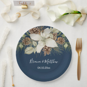 Winter Navy Blue Elegant Script Wedding Paper Plate