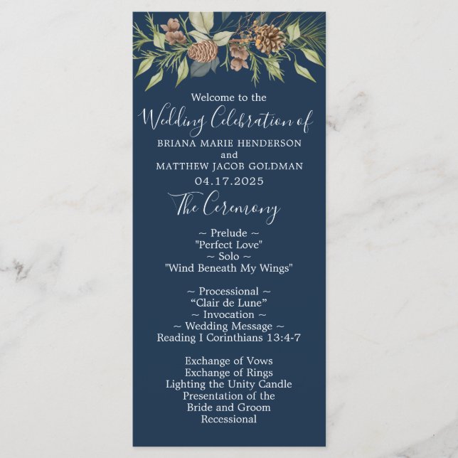 Winter Navy Blue Elegant Script Wedding Programme (Front)