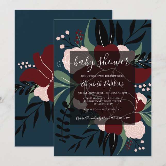 Winter navy blue red editable floral baby shower invitation (Front/Back)