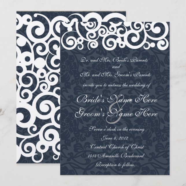 Winter Navy Blue Swirls Wedding Invitation (Front/Back)