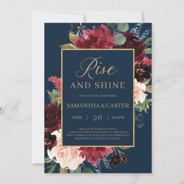 Winter Navy burgundy blush floral rise and shine Invitation (Front)