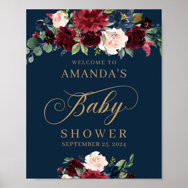 Winter Navy burgundy floral baby welcome sign (Front)